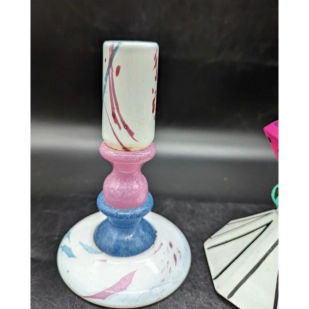 Vintage Hand Blown Art Glass Candle Holder Candlestick Signed White Pink